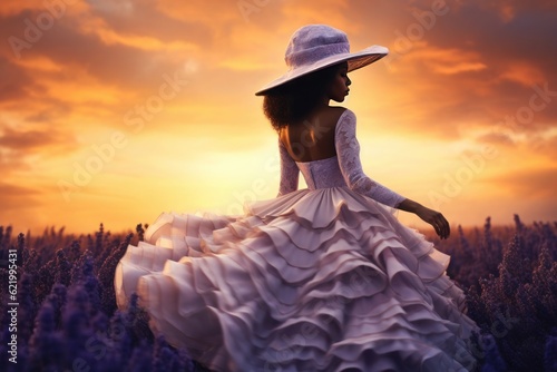 A girl in a long dress in a large lavender field lit by the sun, AI generated