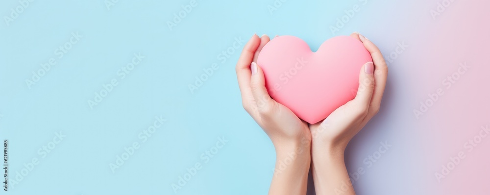 Hands in shape of heart, pastel background, concept of friendship and love, panorama. Generative Ai. Hands in shape of heart, pastel background, concept of friendship and love, panorama. Generative Ai.