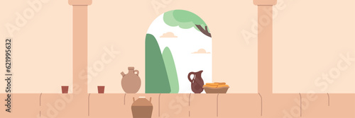 Rustic, Simplistic Design Featuring A Sturdy Wooden Table, Ceramic Jug, And Freshly Baked Bread, Evoking A Warm