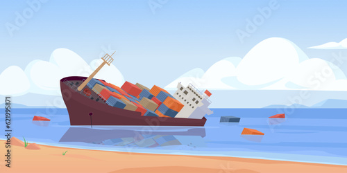 sunken ship background, shipwreck of cargo ship. cartoon marine background, ship lies on seashore, cargo containers fell into water. vector cartoon background