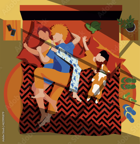 No Aconchego Familiar: Casal Gay Dorme na Cama com o Filho e o Cachorro, Carinhosamente Esparramados