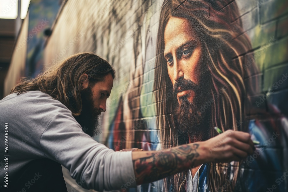 Street artist painting a portrait of Jesus Christ in front of a wall Street artist painting a portrait of Jesus Christ in front of a wall