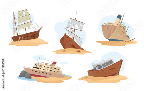 sunken pirate and cargo ships set. wreck of cargo and pirate ships,sunken ships lie on the water surface and on the sand. vector catoon illustration.