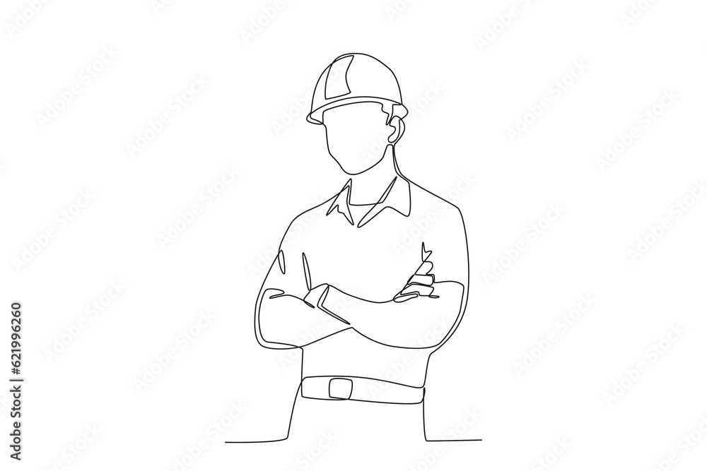 A worker proudly wears work clothes. Labor Day one-line drawing A worker proudly wears work clothes. Labor Day one-line drawing