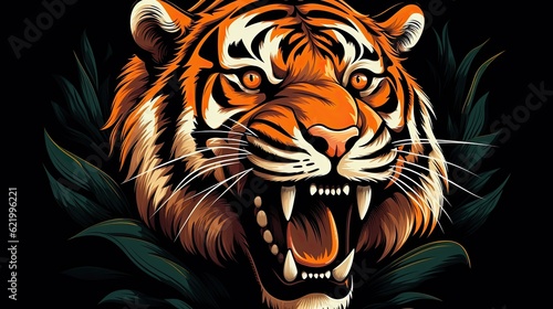 A tiger s face in close up against black background.  Illustration  Generative AI 