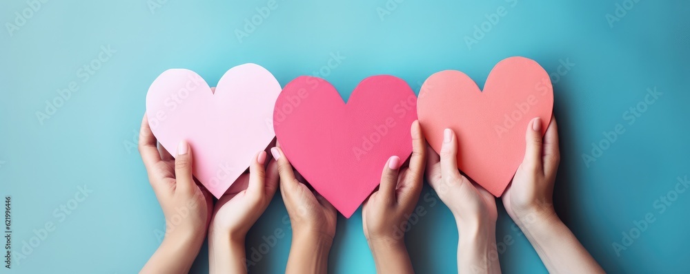 Hands in shape of heart, pastel background, concept of friendship and love, panorama. Generative Ai. Hands in shape of heart, pastel background, concept of friendship and love, panorama. Generative Ai.