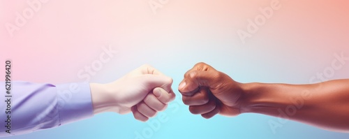 People giving fist bump, power of teamwork concept, panorama pastel background. Generative Ai.