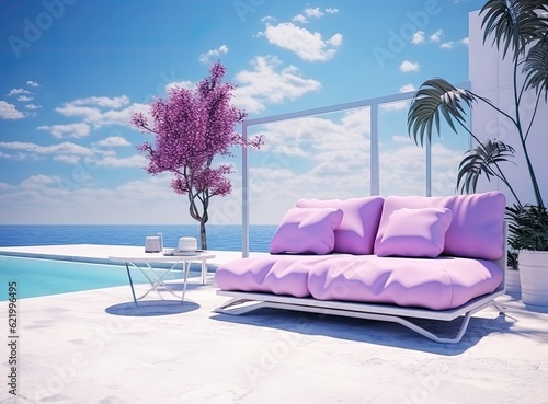 The edge Luxury swimming pool with white fashion deckchairs on the beach., Exterior design. Created with Generative AI technology.