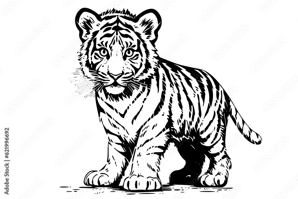 Hand drawn engraving style sketch of a tiger cub, vector ink illustration. Hand drawn engraving style sketch of a tiger cub, vector ink illustration.