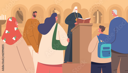 Traditional Liturgical Worship In Orthodox Church, Consisting Of Prayers, Scripture Readings, Vector Illustration
