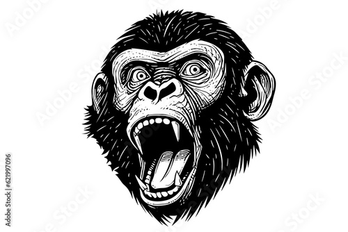 Monkey head or face hand drawn vector illustration in engraving style ink sketch. photo