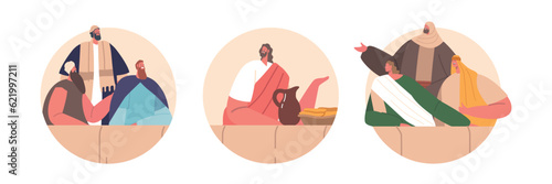 Isolated Round Icons With Jesus And His Disciples Gathered Around A Table, Share Bread And Wine, Symbolizing Messiah