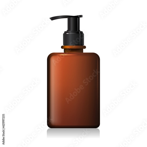 Blank matt brown glass bottle mockup with black pump isolated on white background. Square shape dark amber glass package. Realistic shampoo or soap dispenser. 3d vector healthcare mockup template.