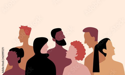 People of different races and religions. Diverse silhouettes of men and women. Concept for equality, activism. Various people standing together. Colorful silhouettes of human heads.