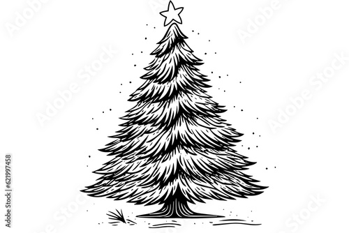 Christmas tree vector illustration. Hand drawn, engraving, ink, sketch.