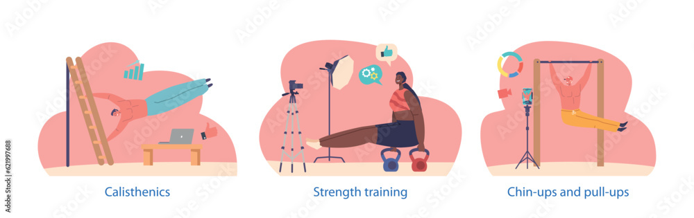Isolated elements with Athletes Blogger Characters Record Calisthenics Exercises On Camera, Capturing Impressive Feats Isolated elements with Athletes Blogger Characters Record Calisthenics Exercises On Camera, Capturing Impressive Feats