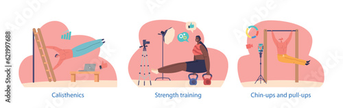 Isolated elements with Athletes Blogger Characters Record Calisthenics Exercises On Camera, Capturing Impressive Feats