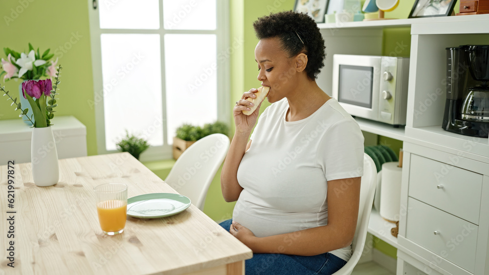 Young pregnant woman having breakfast sitting on table at dinning room Young pregnant woman having breakfast sitting on table at dinning room