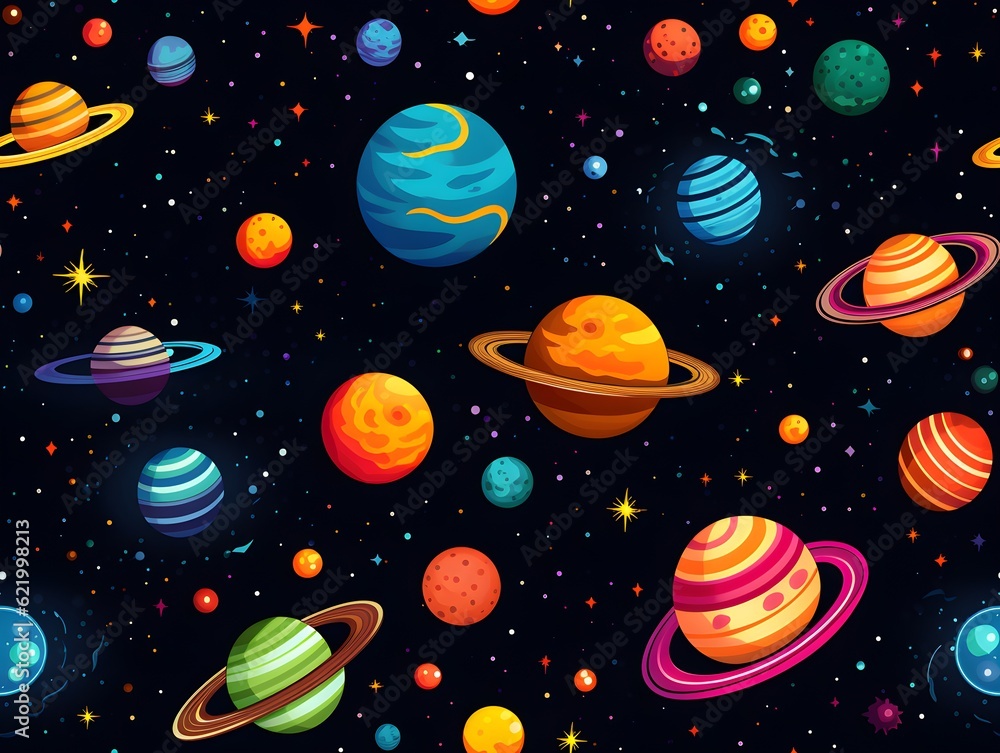 Seamless Pattern Galaxy, Outer Space, Stars, Solar System, Saturn, Sun, Planets, Simple Illustration Seamless Pattern Galaxy, Outer Space, Stars, Solar System, Saturn, Sun, Planets, Simple Illustration