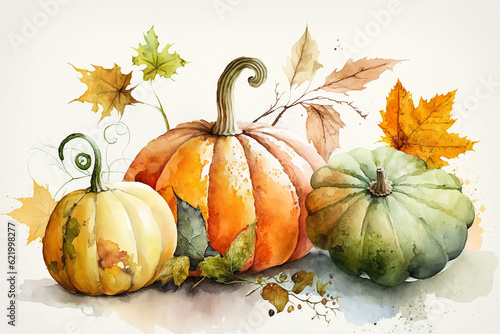 Pumpkin and autumn leaves on white background.  Watercolor pumpkin  print for cover booklet. Autumn card. Generative AI 