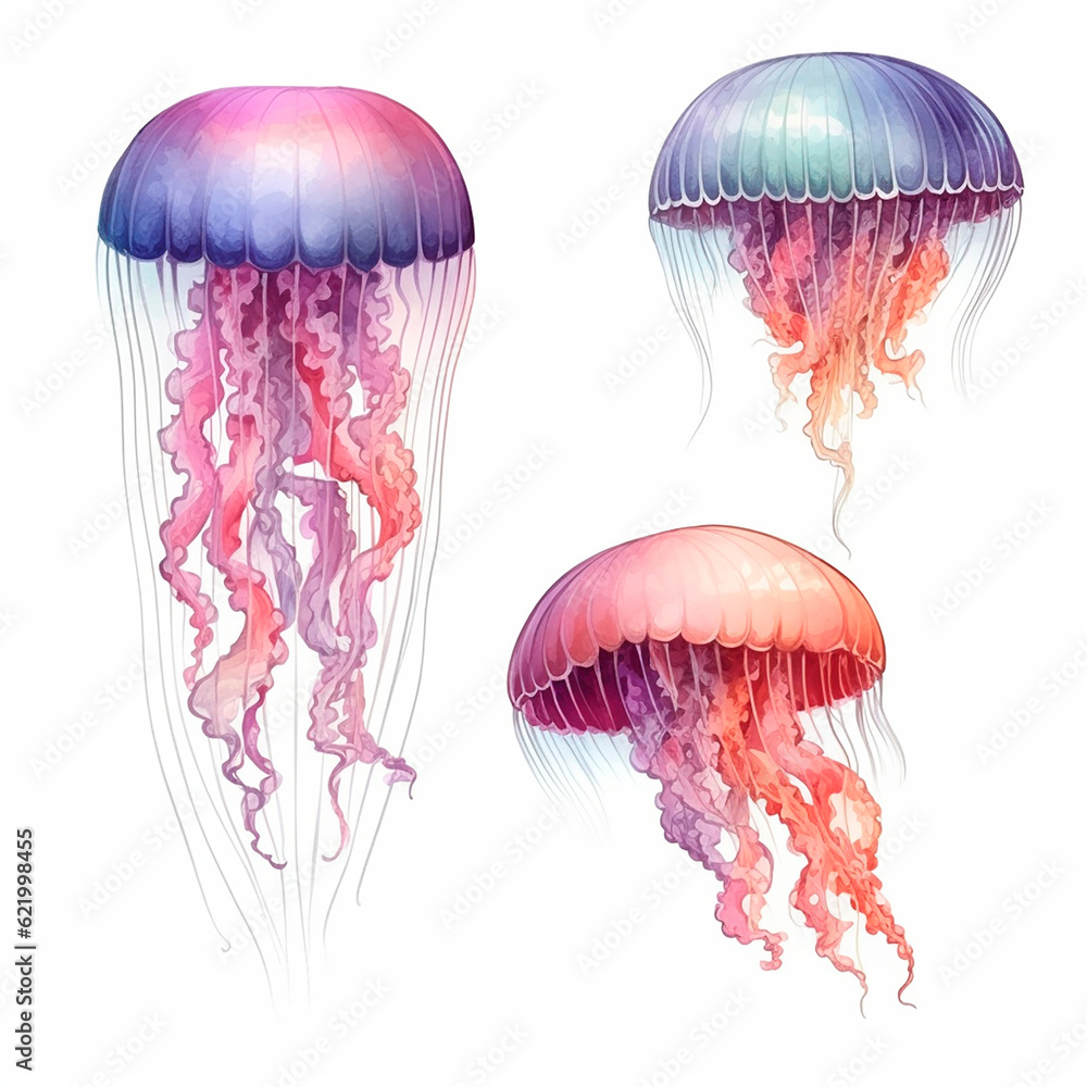 Fototapeta premium jellyfish set watercolor on a white background created with Generative Ai