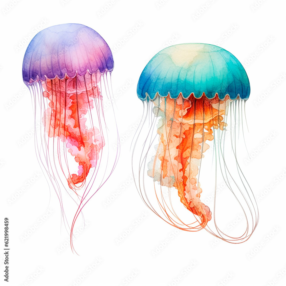 jellyfish set watercolor on a white background created with Generative Ai