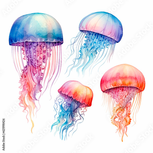 jellyfish set watercolor on a white background created with Generative Ai