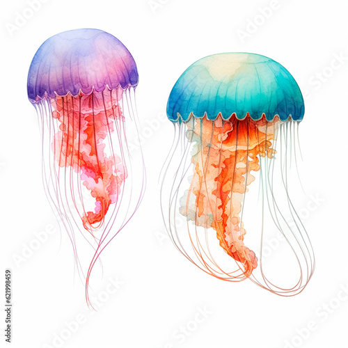 jellyfish set watercolor on a white background created with Generative Ai