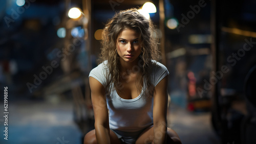 Free Download Hübsche durchtranierte Frau im Sport Outfit mit schöner Kulisse und Neon LED Lichter ai generativ - GFXLoad