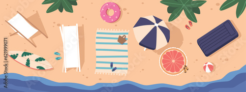 Top View Of Beach Items, Inflatable Ring, Umbrella, Beach Chair, Towel, And Beach Ball, Sup Board, Flippers On Sand