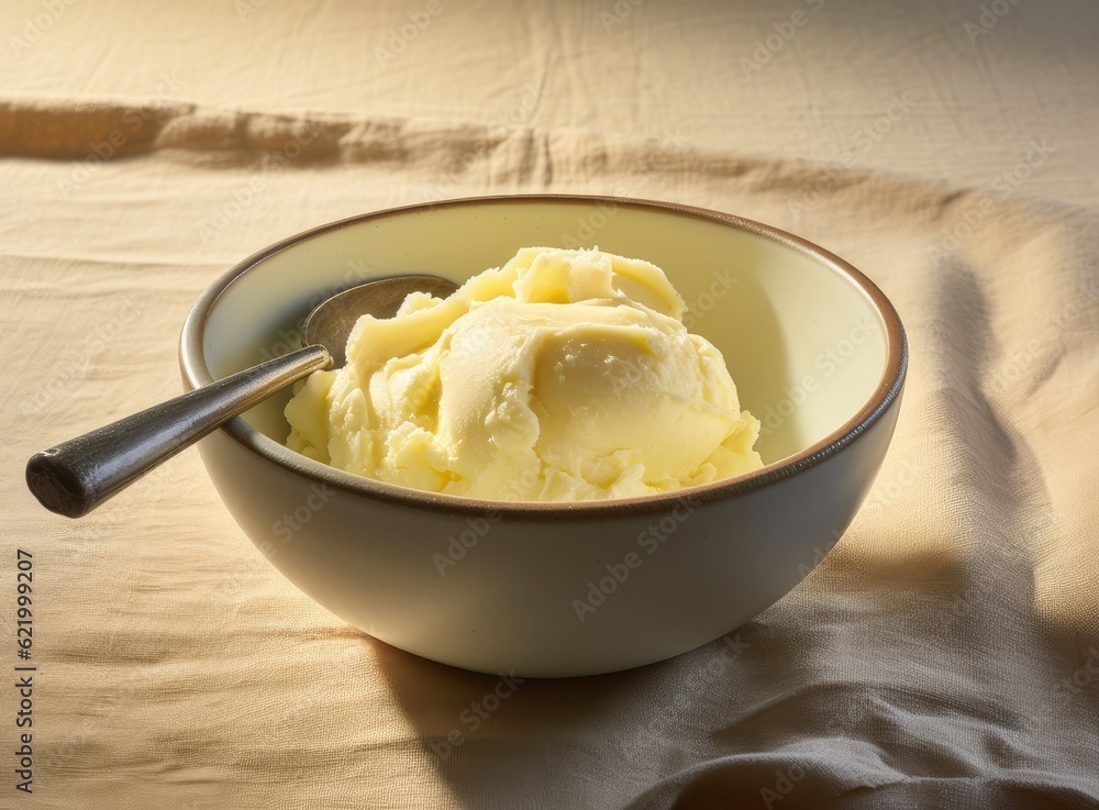 Bowl with tasty vanilla ice cream on table against light background. Created with Generative AI technology. Bowl with tasty vanilla ice cream on table against light background. Created with Generative AI technology.