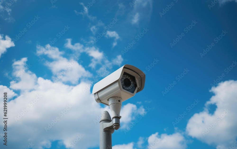Security CCTV cameras on the pole on blue sky background, Generative AI Security CCTV cameras on the pole on blue sky background, Generative AI
