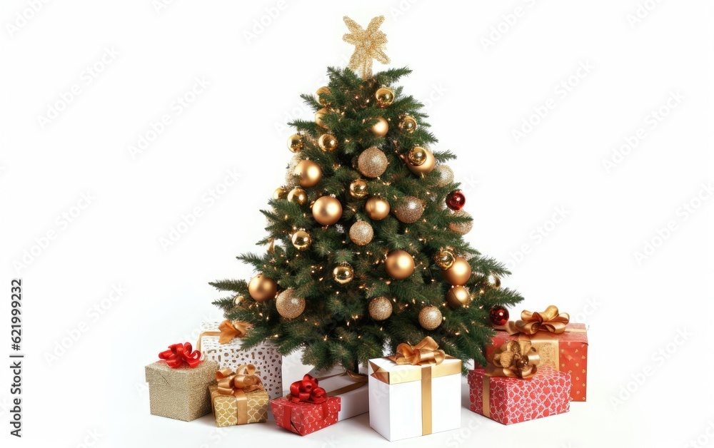 Composition with Christmas tree and gifts isolated on white background, Generative AI