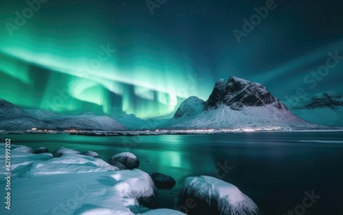 Aurora borealis on the Norway  Green northern lights above mountains  Night sky with polar lights  Generative AI