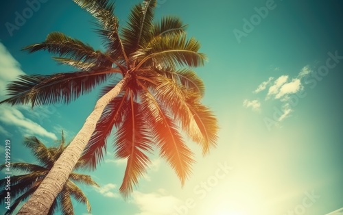 Coconut palm tree under blue sky. Vintage background. Travel card, Generative AI