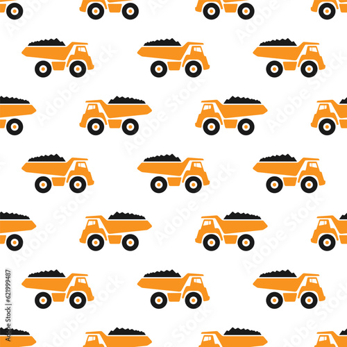 Large orange mining dump trucks isolated on white background. Seamless pattern. Vector simple flat graphic illustration. Texture.