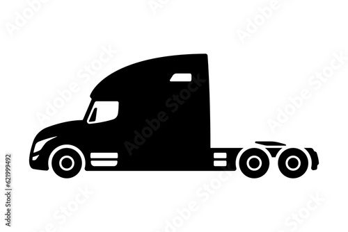 Big truck tractor with a sleeping bag icon. Black silhouette. Side view. Vector simple flat graphic illustration. Isolated object on a white background. Isolate.