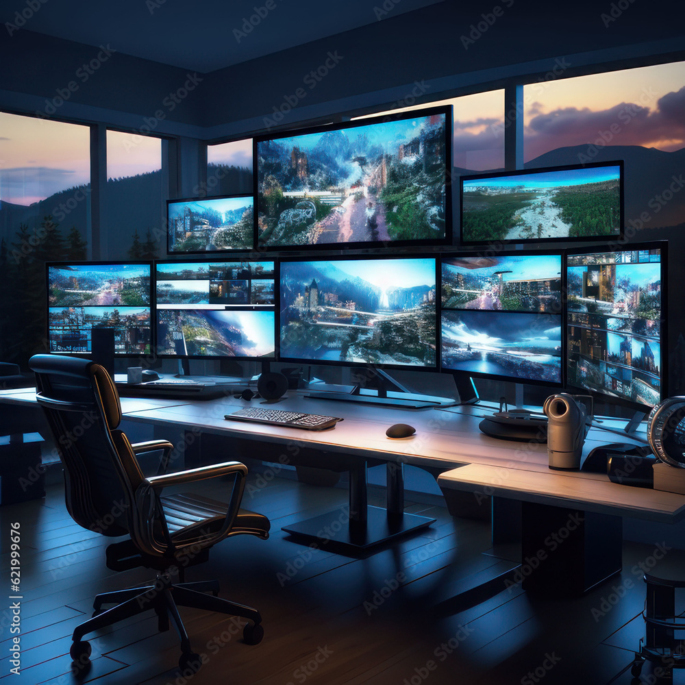 Many displays on the table in the office, future technology. AI generative. Many displays on the table in the office, future technology. AI generative.