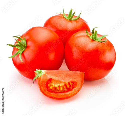 Ripe red tomatoes vegetable with cut isolated on white background