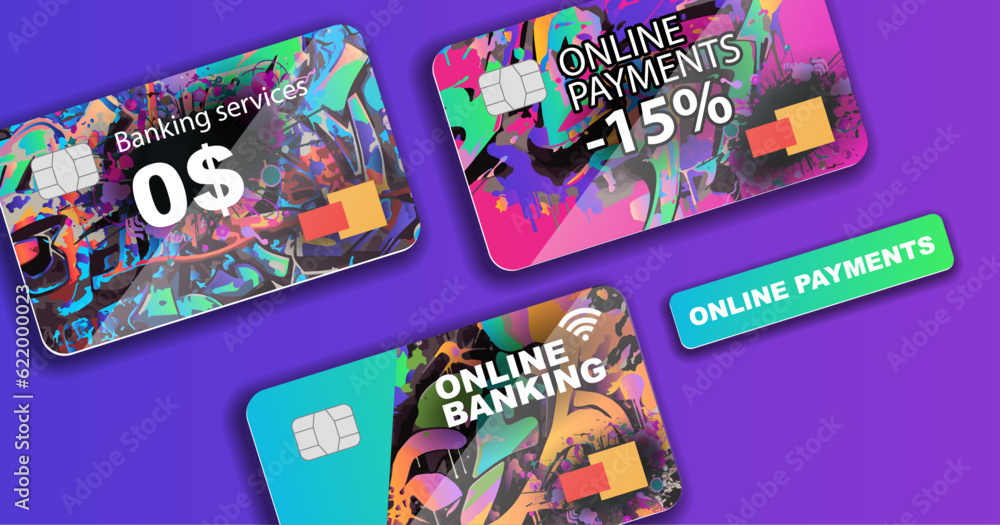 Bank plastic cards with graffiti-style design