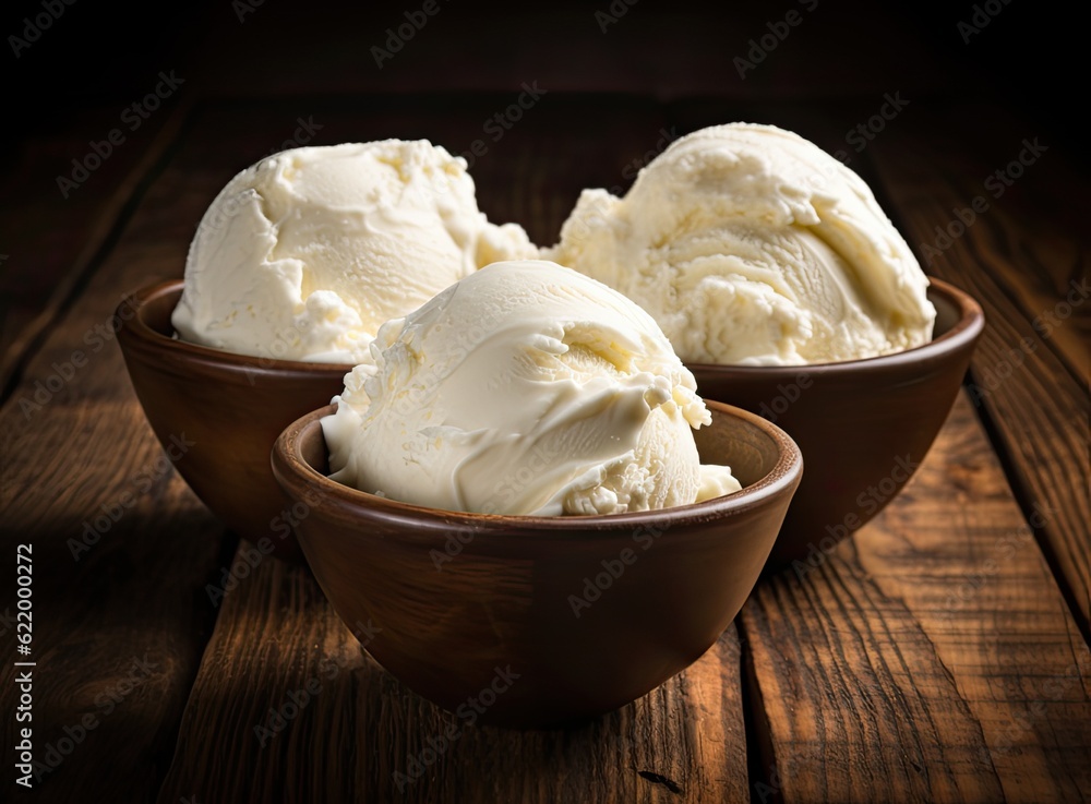 Bowl with tasty vanilla ice cream on table against light background. Created with Generative AI technology. Bowl with tasty vanilla ice cream on table against light background. Created with Generative AI technology.
