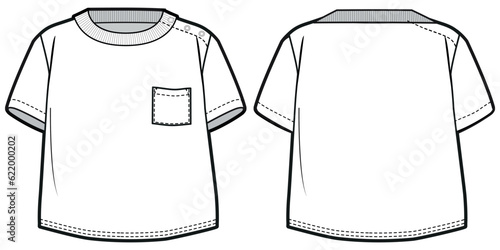 Baby girl Short sleeve Crew neck T Shirt flat sketch fashion illustration drawing template mock up with front and back view. Toddler baby girl T shirt top with pocket