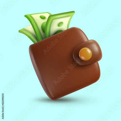 3d vector leather money wallet with paper money in realistic cartoon style. Bright modern design element. Creative colorful art illustration isolated on color background.