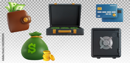 Vector 3d business finance or banking icons in realistic cartoon style. Safe, wallet, money bag, case, credit card. Creative commercial design elements. Set colorful glossy art illustration.