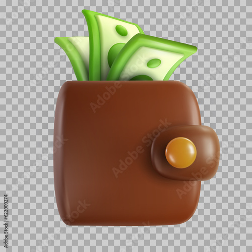 Leather money wallet with paper money in realistic cartoon style. Bright modern design element. Creative colorful 3d vector art illustration isolated on transparent background.