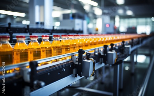A conveyor belt carrying juice bottles, Generative Ai