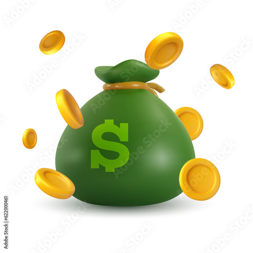 Vector green money bag with golden coins. Bright modern design element. Creative colorful 3d art illustration isolated on white background.