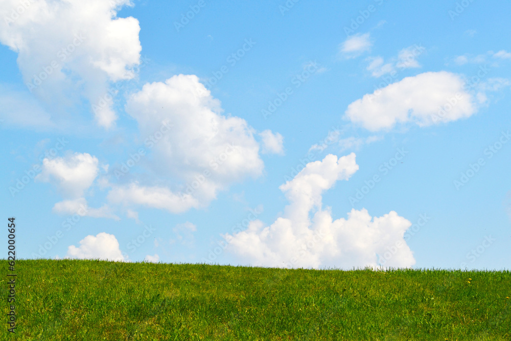 Peaceful landscape with green grass and blue sky with clouds, green sunny hill Peaceful landscape with green grass and blue sky with clouds, green sunny hill