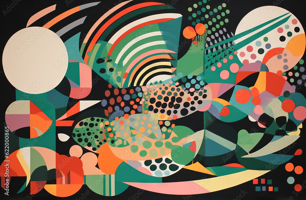 Fototapeta premium Abstract background in the style of expressionism, modern and Bauhaus. Artistic abstraction with colorful circles and lines. Generative AI.