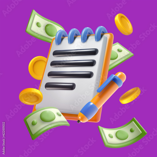 Vector 3d banking paper document with flying money and coins. Bright financial concept design in minimal style. Vivid render illustration.
